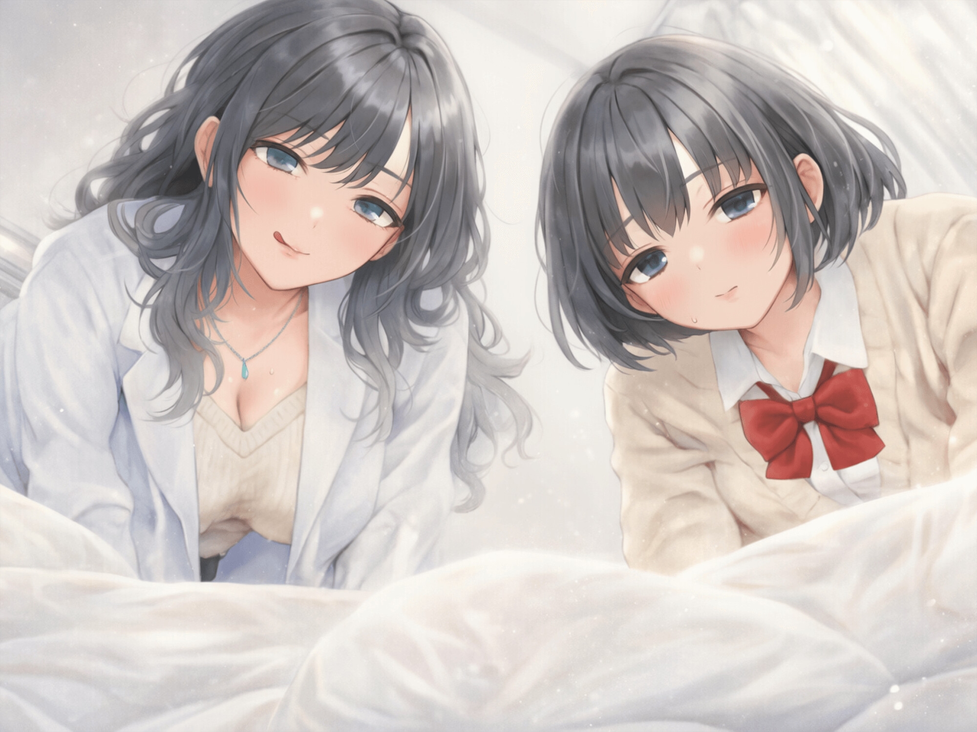 【KU100】保健室でダウナー姉妹のW責め〜姉の囁き誘導で妹潮吹き連続〜「童貞もらっちゃうね?」 画像1