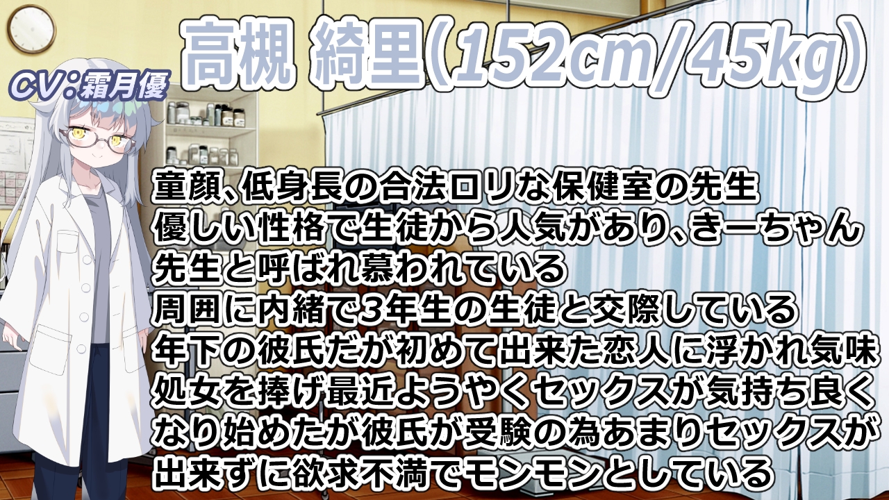 (CV:霜月優)生徒と内緒で付き合っている養護教諭は保健室で彼氏とイチャついてるところを見た教頭先生に寝取られる 画像2