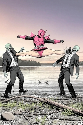 ミニスカ仮〇ライダー5号 VS 湖畔のゾンビ軍団:180cmの女刑事の股間に突き刺さったジェイソンの肉棒の凌辱の罠と逆襲の月輪蹴り