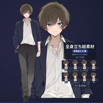 【表情差分15種】立ち絵素材#01_男子高校生【茶髪・ブレザー・青目】