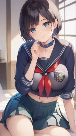 ボブスタイル髪でセーラーを着た黒髪と緑髪の女の子 サンプル画像 4