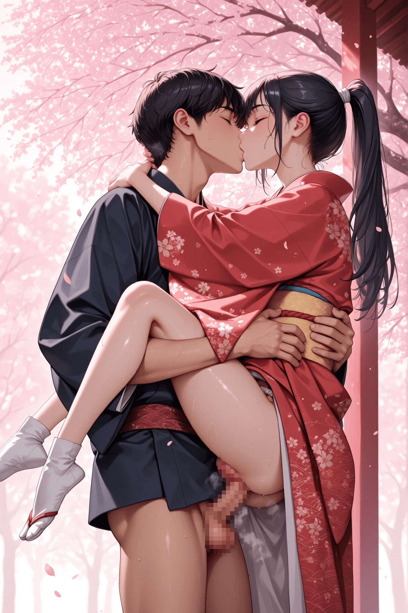 和服女性とお花見 見るだけじゃ我慢できないので、男のたくましいおしべを入れてみた。_4
