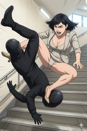 ミニスカアラサー刑事、水野真由美(30)、おまんこに食い込む白いパンティを見せつけてのパンチラハイキックで都庁を乗っ取った男達を蹴り倒す