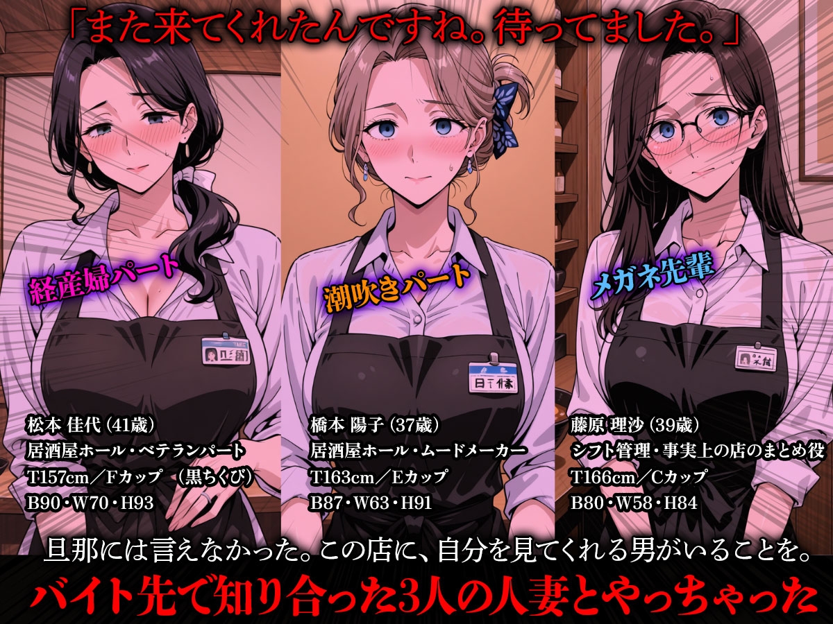 居酒屋パート人妻3人が堕ちた話。黒乳首・潮吹き・メガネ_1