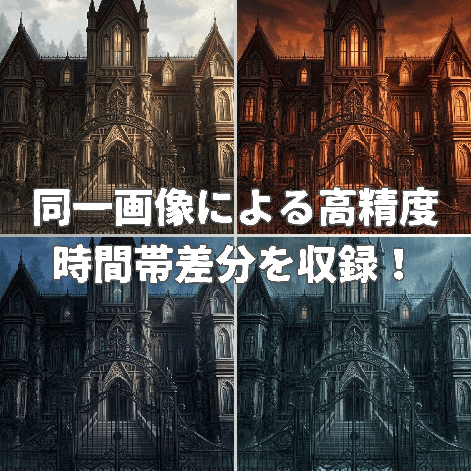 【TRPG背景素材/CoC/ゲーム素材/ココフォリア】ラブクラフト系洋館ホラー アニメ調背景100枚セット|20シーン×5差分(昼/夕/夜/雨/異界化) 画像1