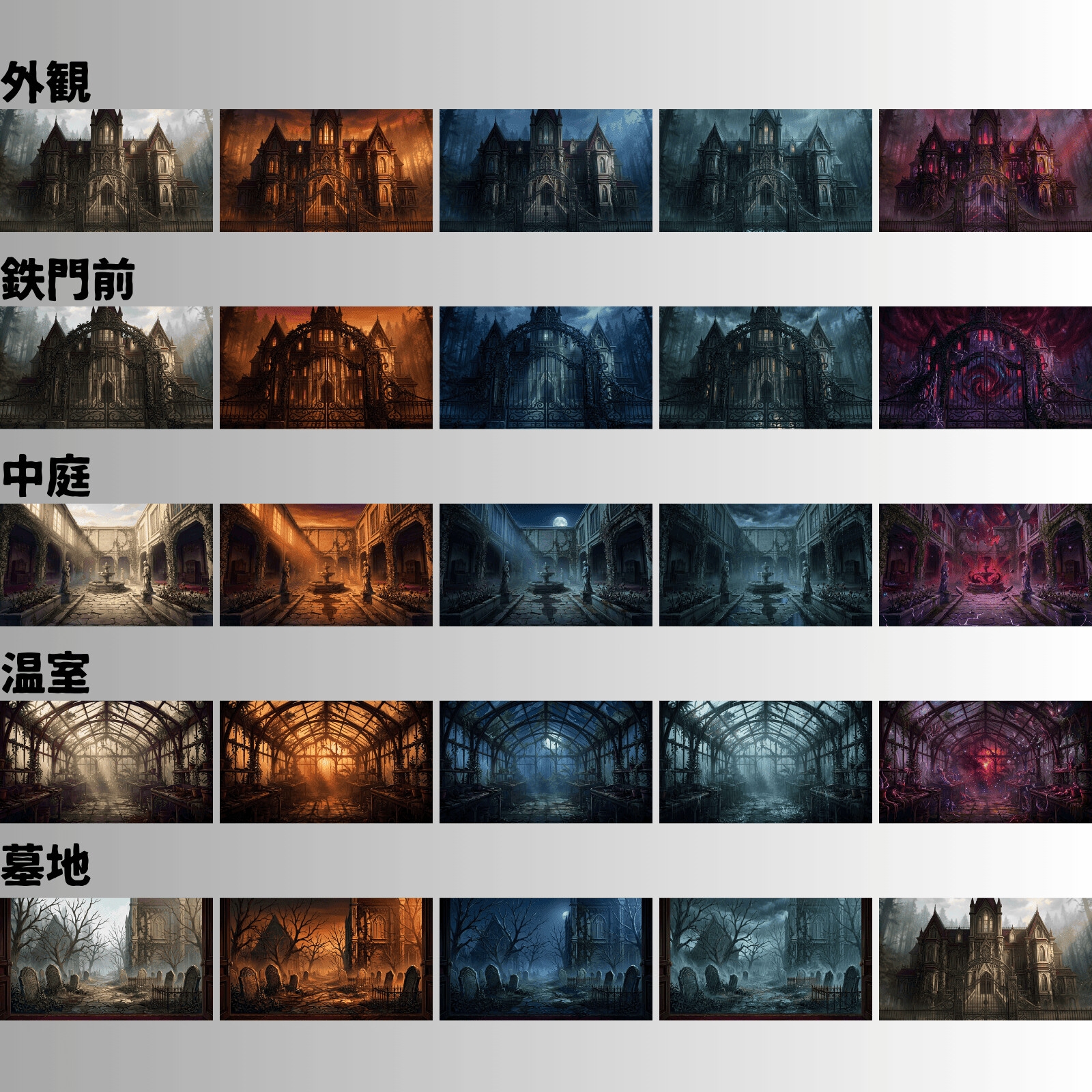 【TRPG背景素材/CoC/ゲーム素材/ココフォリア】ラブクラフト系洋館ホラー アニメ調背景100枚セット|20シーン×5差分(昼/夕/夜/雨/異界化) 画像3