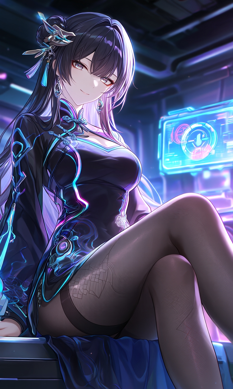 【AIイラスト集】サイバーネオチャイナ美少女〜光るネオンとサイバータイツ〜 画像1