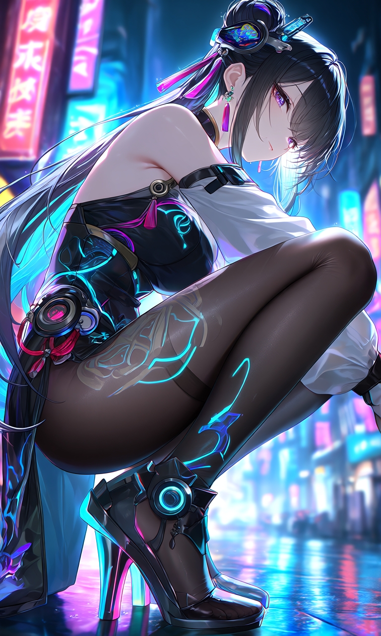 【AIイラスト集】サイバーネオチャイナ美少女〜光るネオンとサイバータイツ〜 画像3