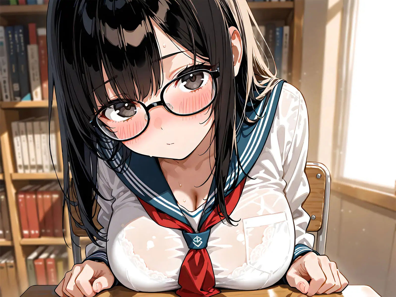 おとなしめな巨乳図書委員の後輩に勉強を教えていたら…谷間に興奮して勃起バレ→密着囁きでお礼の中出しえっち サンプル画像 3