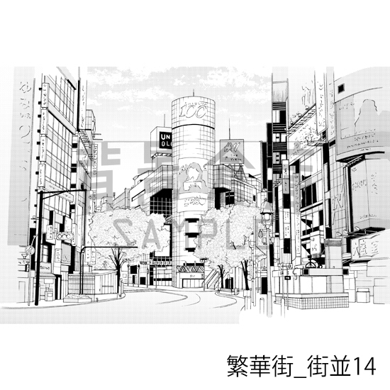 【トーンつき背景】繁華街_背景素材集3(街並) 画像1