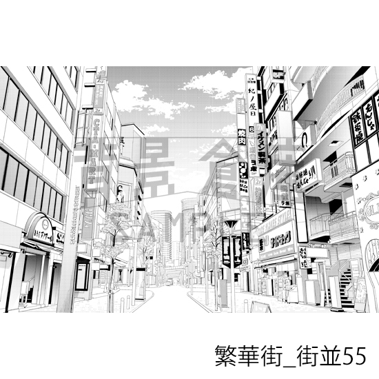 【トーンつき背景】繁華街_背景素材集10(街並) 画像1