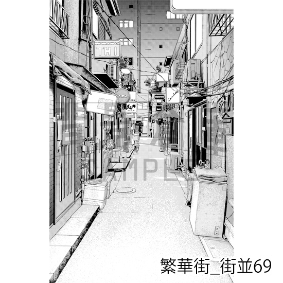 【トーンつき背景】繁華街_背景素材集13(街並) 画像1