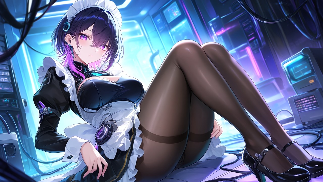 【AIイラスト集】ネオサイバー美少女〜近未来メイドと黒タイツファッション〜 画像1