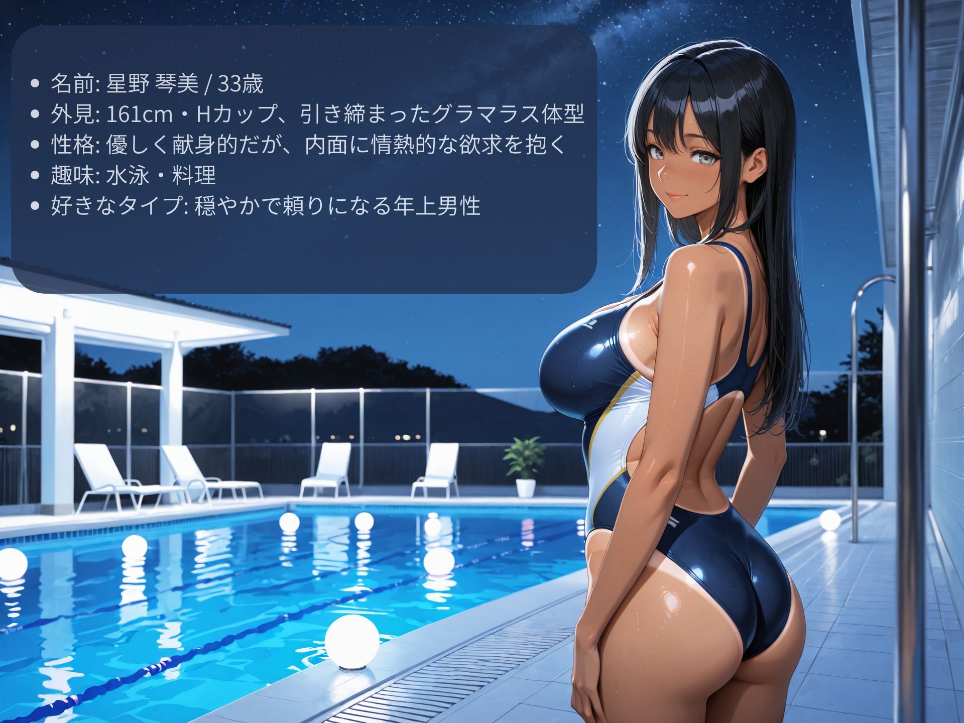 押しに弱い巨乳人妻インストラクターをナイトプールでハメまくる! 画像1