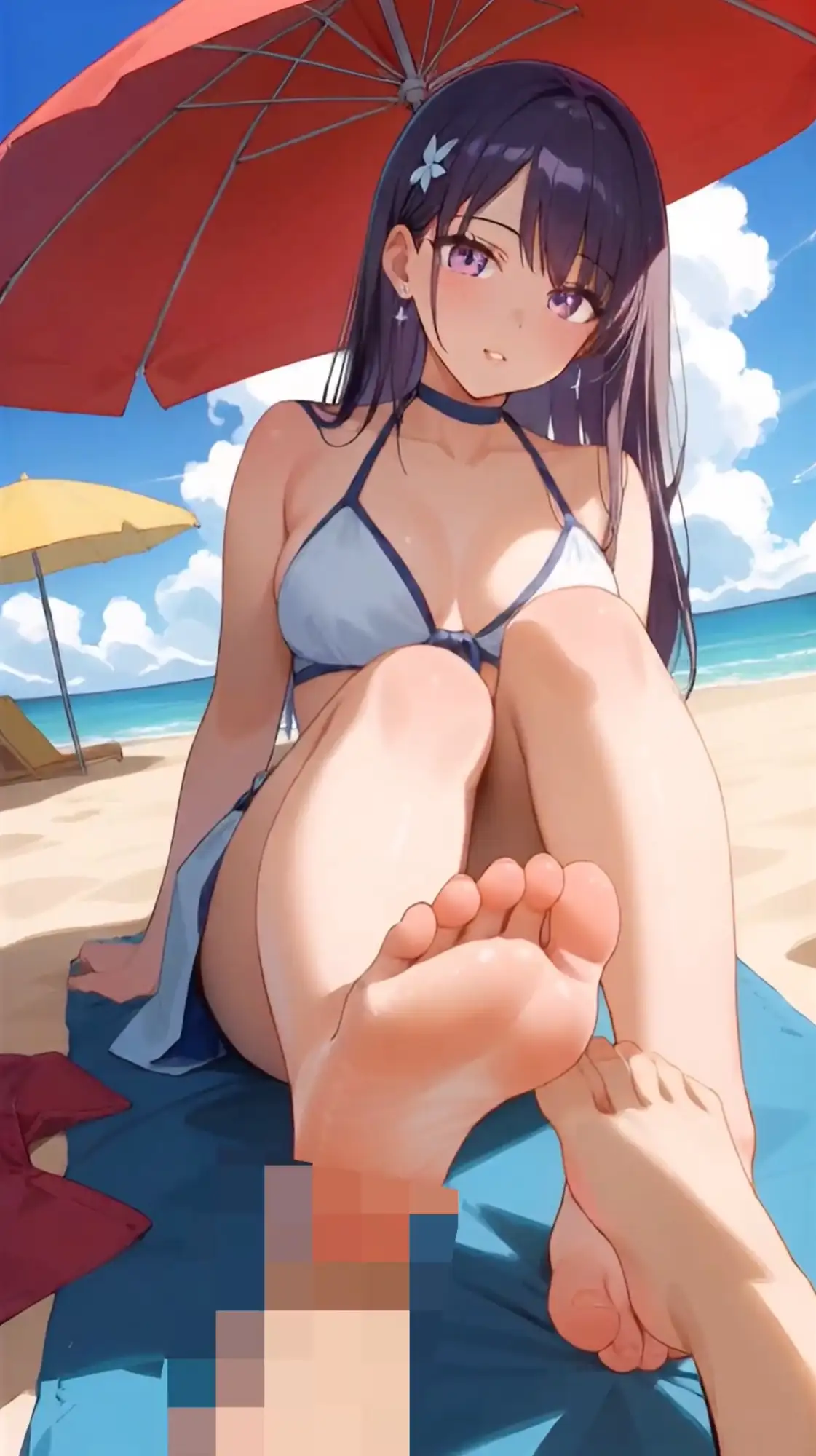 【セリフ音声付きアニメ5分27秒】ビーチで女の子から足コキのオナサポ！ムチムチな太もも、スベスベなふくらはぎ、いとおしいくるぶし、ピチピチな足裏・・・ サンプル画像 3