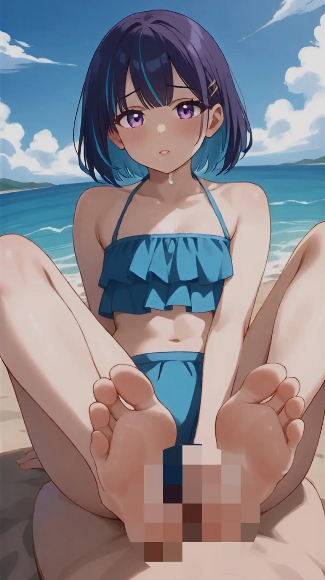 【セリフ音声付きアニメ5分27秒】ビーチで女の子から足コキのオナサポ！ムチムチな太もも、スベスベなふくらはぎ、いとおしいくるぶし、ピチピチな足裏・・・ サンプル画像 4