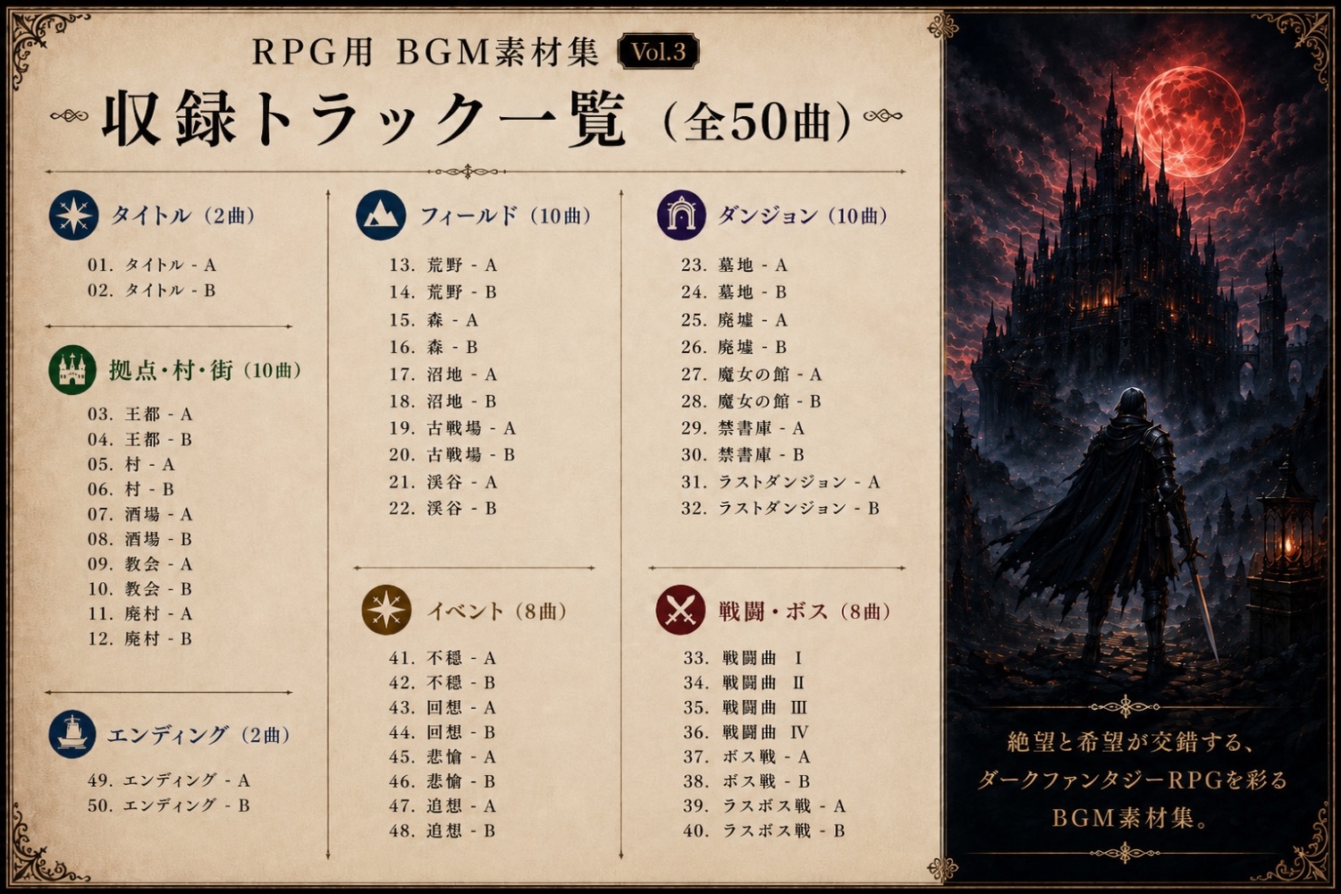 【50曲収録】ゲーム用BGM素材集 Vol.3|絶望と希望が交錯するダークファンタジーの世界