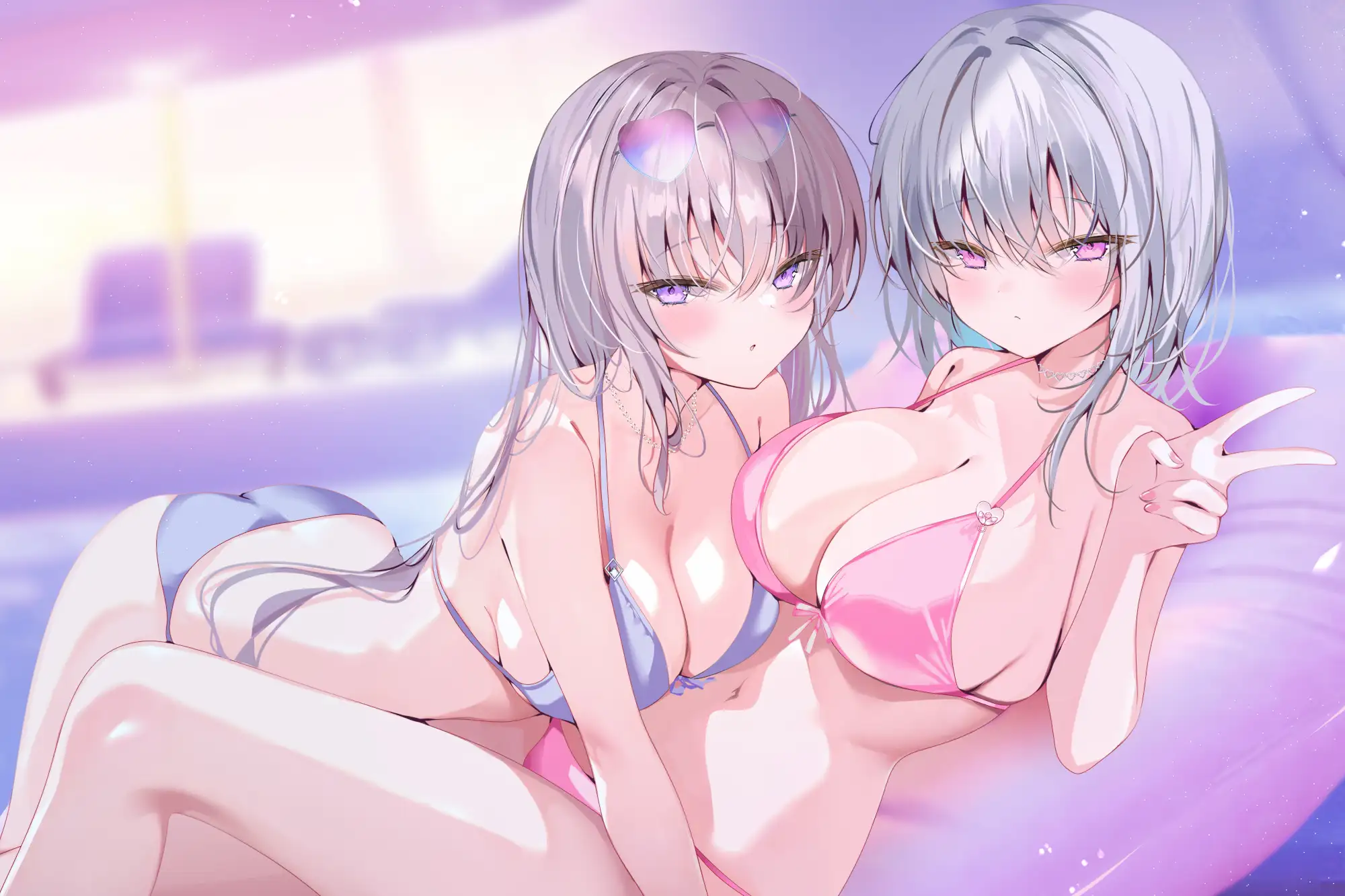 【KU100】白ギャルデカパイ"SUMMER BODY TWICE"!! ～ダウナー白ギャル2人組と仲良しビキニナイトプール3P♪～ サンプル画像 8