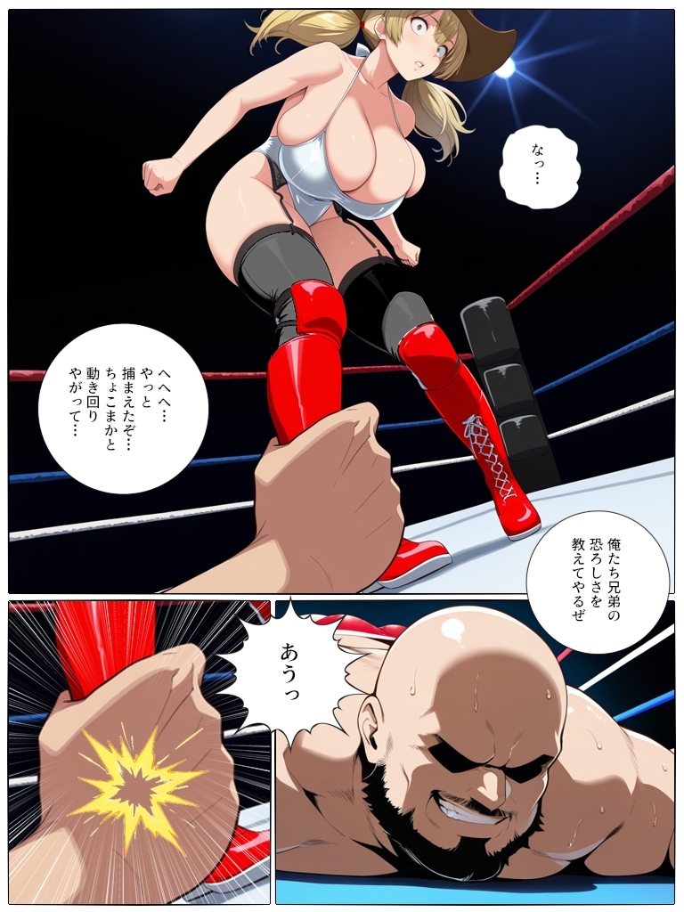爆乳ガールズ BEAR HUG REPORT 強気金髪ツインテ女が卑怯な罠にはめられて肥満男二人のデカパイしゃぶりベアハッグで奪い合いをされながらイカされまくる サンプル2