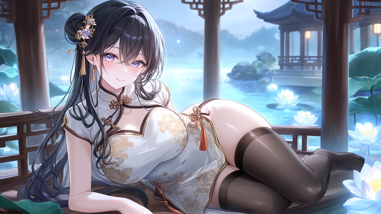 【AIイラスト集】チャイナドレス美少女〜艶やかな黒タイツファッション〜 画像1