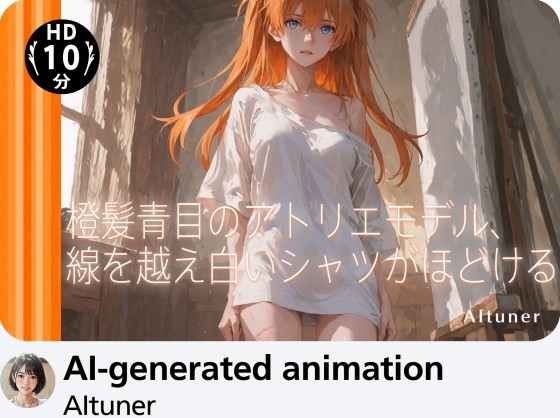 【10分HD】 橙髪青目のアトリエモデル、線を越え白いシャツがほどける