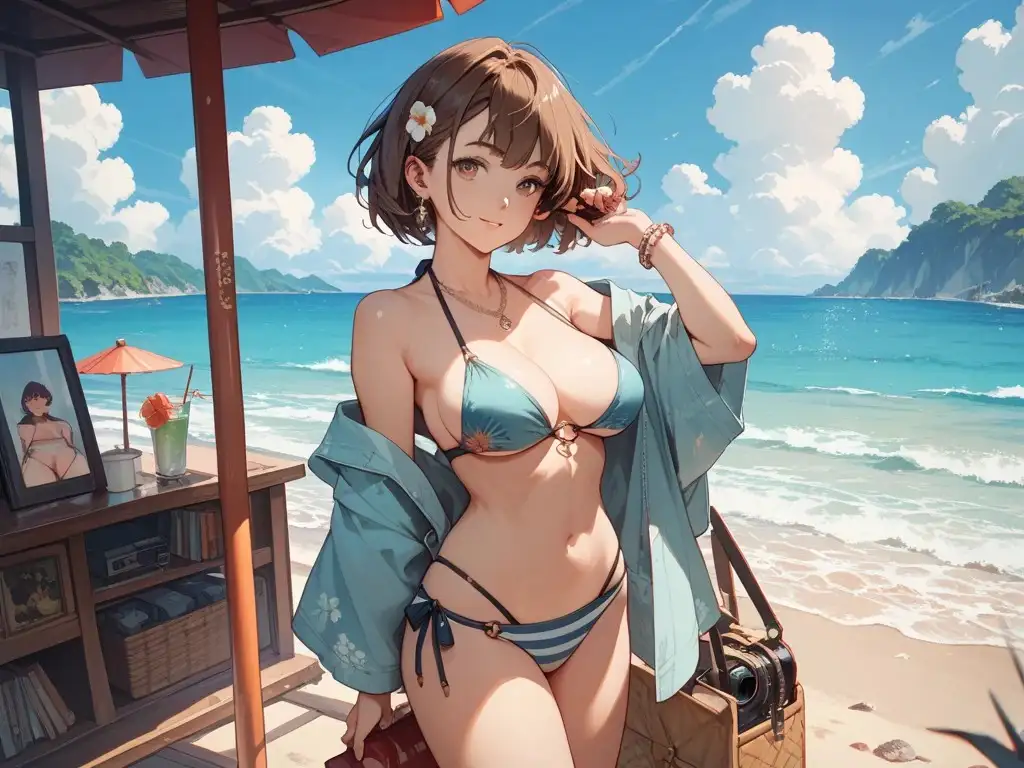 OLオフィスプレイと浜辺を楽しむ美女とキャンプ好き美女 サンプル画像 4