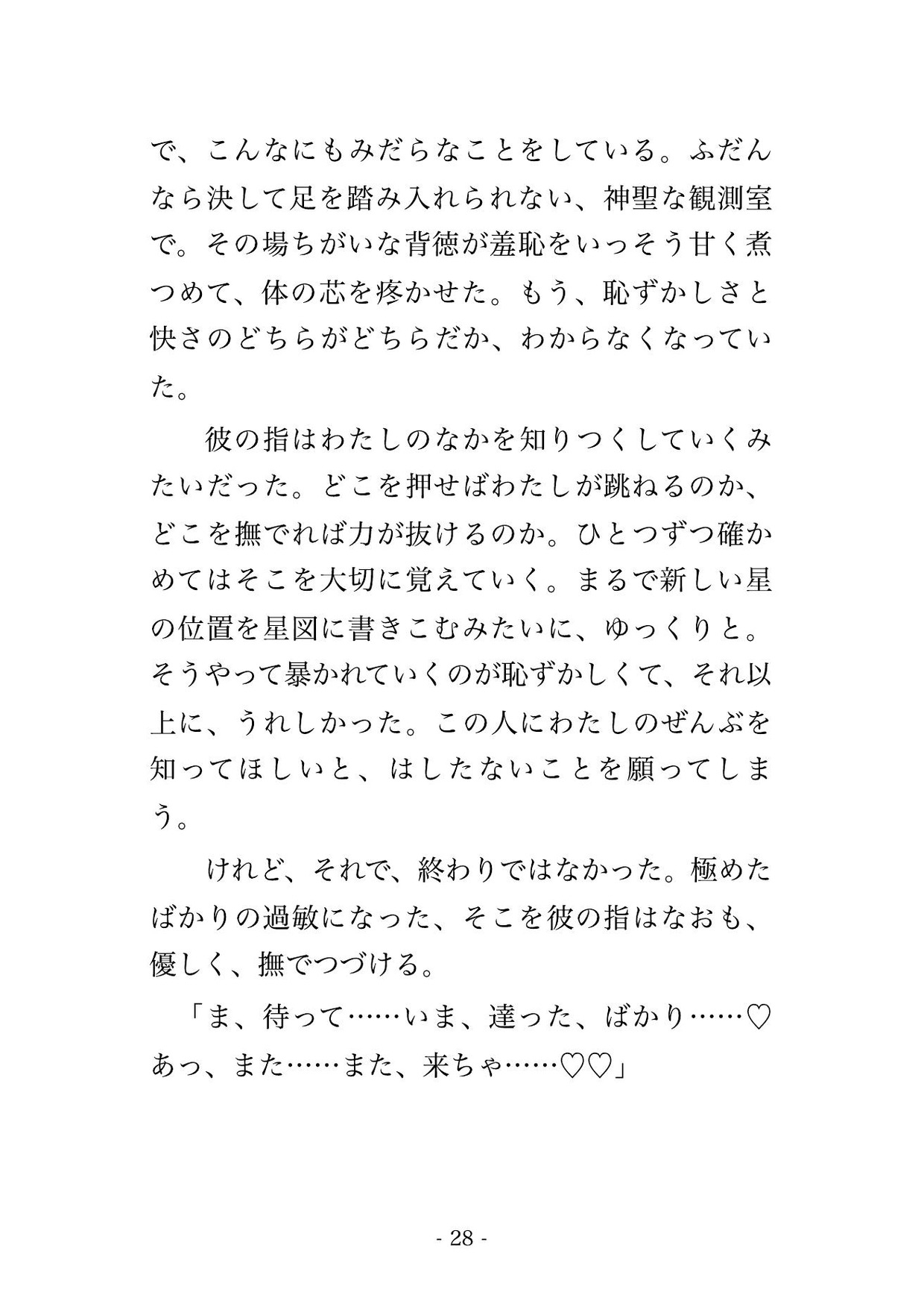 大雪で下山できず孤立した山頂の天文台で、寡黙な観測員と二人きり、星も見えぬ吹雪の一晩をストーブのそばで身を寄せ合ううちに朝まで奥に注がれた天体観測ツアー客の話 サンプル8