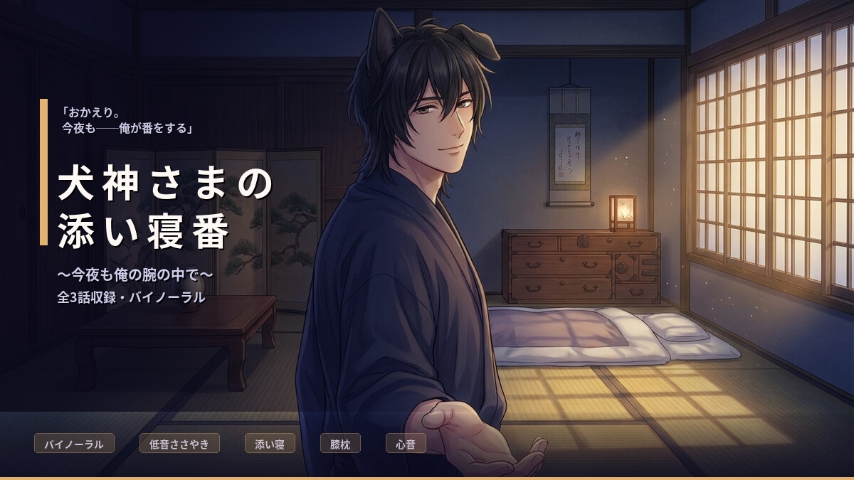 【バイノーラル】犬神さまの添い寝番 ～今夜も俺の腕の中で～【低音囁き/膝枕/心音/呼吸誘導/看病/添い寝】全3話
