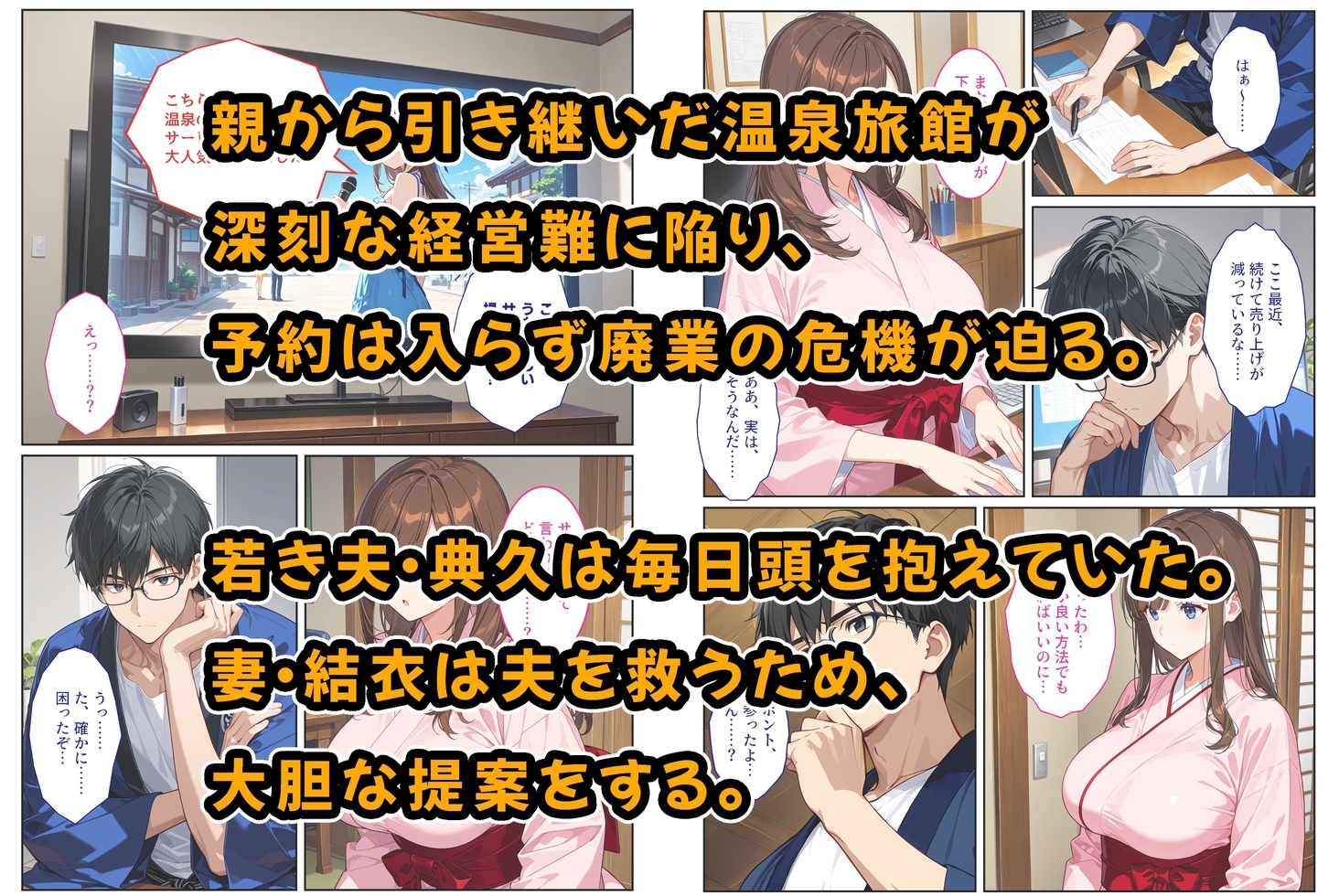 経営難の温泉旅館を守るため…爆乳人妻女将が客たちに種付けられて妊娠メス堕ち！ サンプル1
