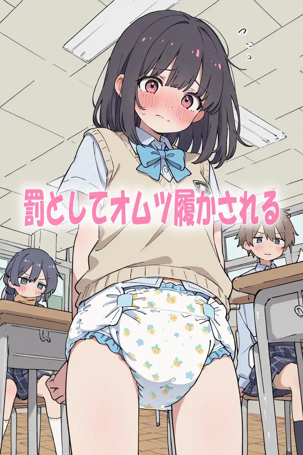 学校の教室でオムツ姿にされて恥ずかしがってる女の子達イラスト300枚 サンプル画像 3