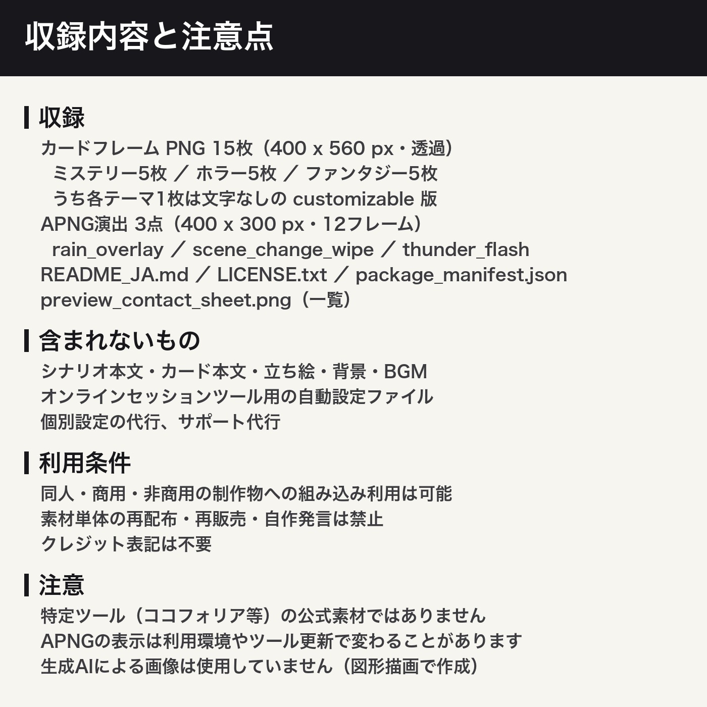 TRPG・マダミス カードフレーム素材 15枚 + APNG演出 3点|透過PNG(証拠・容疑者・アリバイ・手がかり)