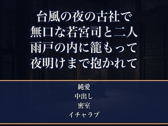 台風で参道が崩れ下山できなくなった山奥の古社の社務所で、無口な若宮司と参拝に来た私だけの一晩を、雨戸の内で身を寄せ合い朝まで奥に注がれた御朱印ライターの話