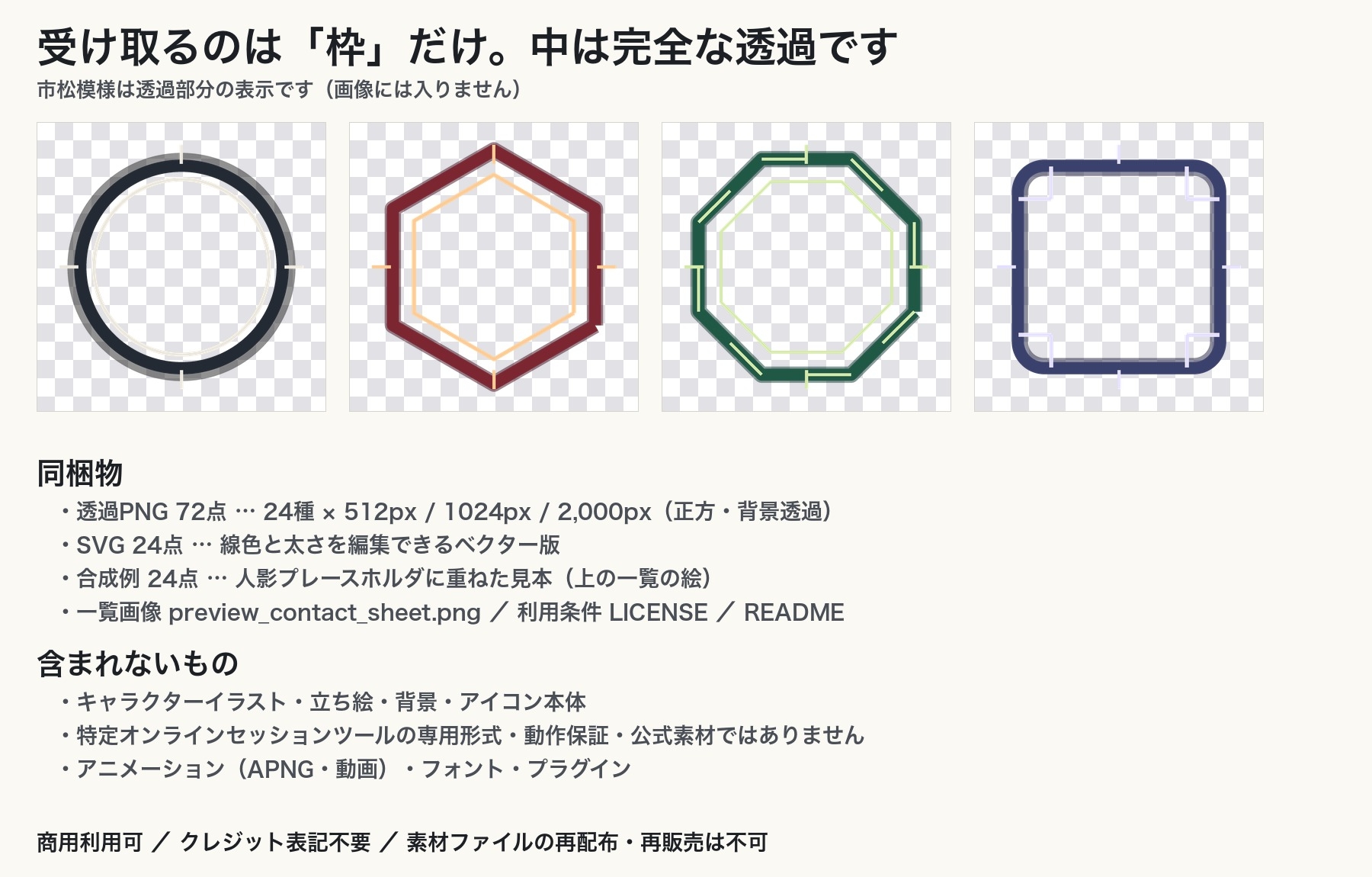 TRPG トークンフレーム素材集 24点|アイコン枠 透過PNG 512/1024/2000px+SVG|円・六角・八角・リング×4色・商用可