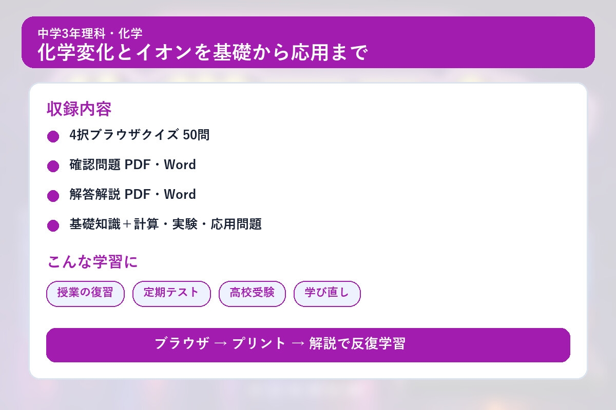 中学3年理科・化学マスター50問演習～ゲームで学ぶ化学基礎確認クイズ～