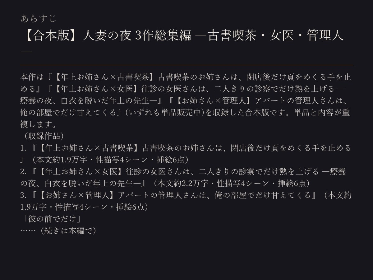 【合本版】人妻の夜 3作総集編 ―古書喫茶・女医・管理人―