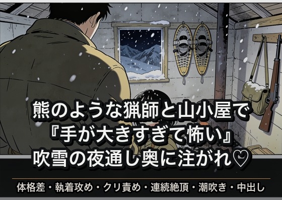 畑を荒らす獣を獲りに来た熊のような猟師と山小屋で吹雪をやり過ごす間『手が大きすぎて怖い』と怯えられながら夜通し奥に注がれ孕まされた話