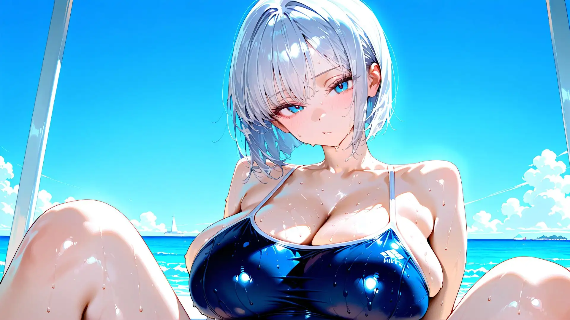 【4K】スク水姿の巨乳JKを、夏の海で汗だく中出しセックス サンプル画像 7