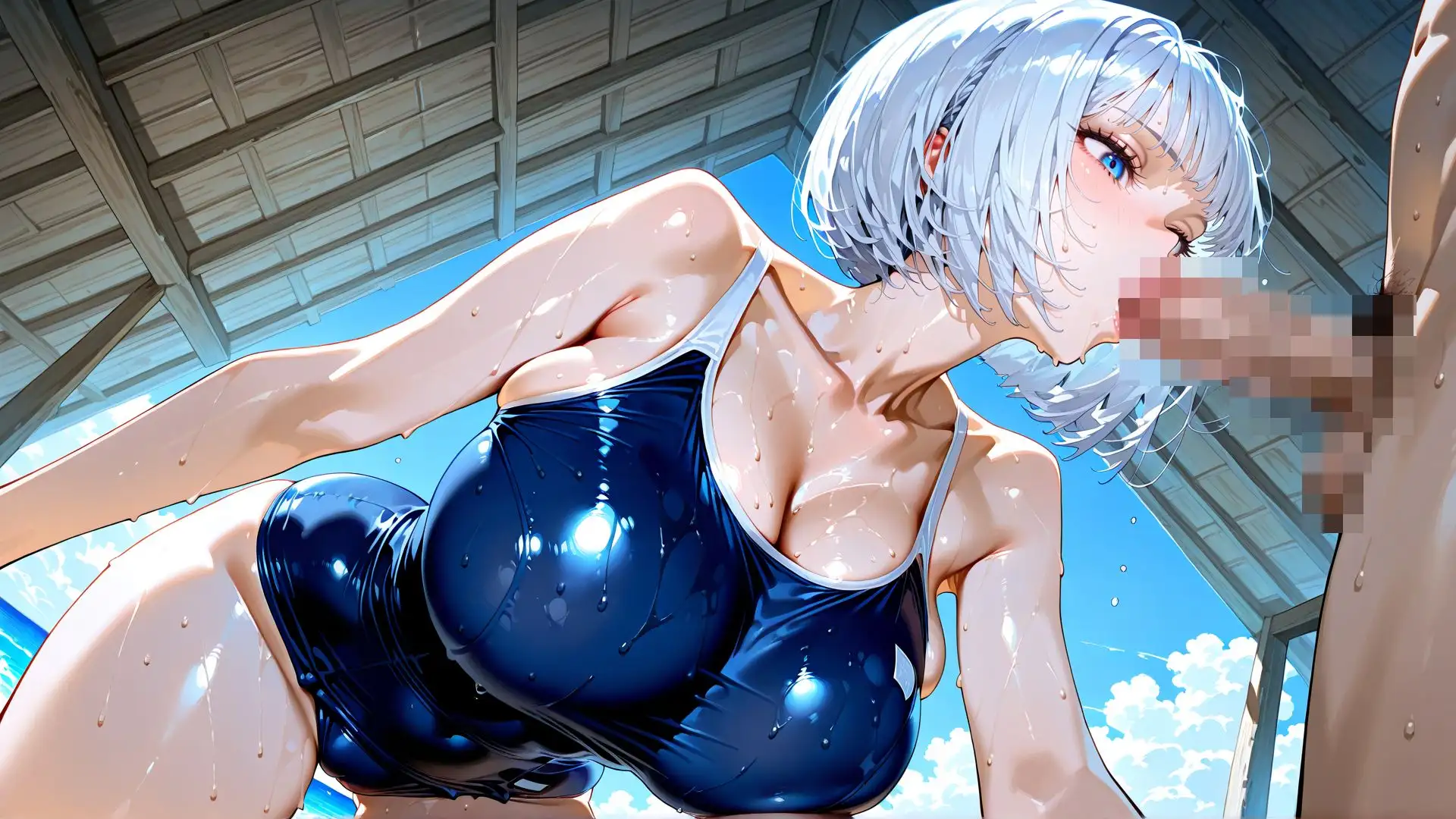 【4K】スク水姿の巨乳JKを、夏の海で汗だく中出しセックス サンプル画像 8