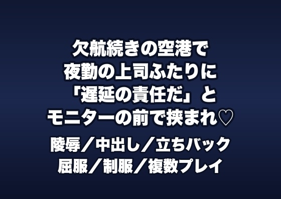 欠航続きの空港の運航管理室で夜勤の上司2人に「遅延トラブルの責任」とモニターの前で挟まれ立ちバックで中出しされるグランドスタッフの話♡♡♡