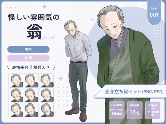 【全身立ち絵素材】怪しい雰囲気の翁(着物・私服) 画像1