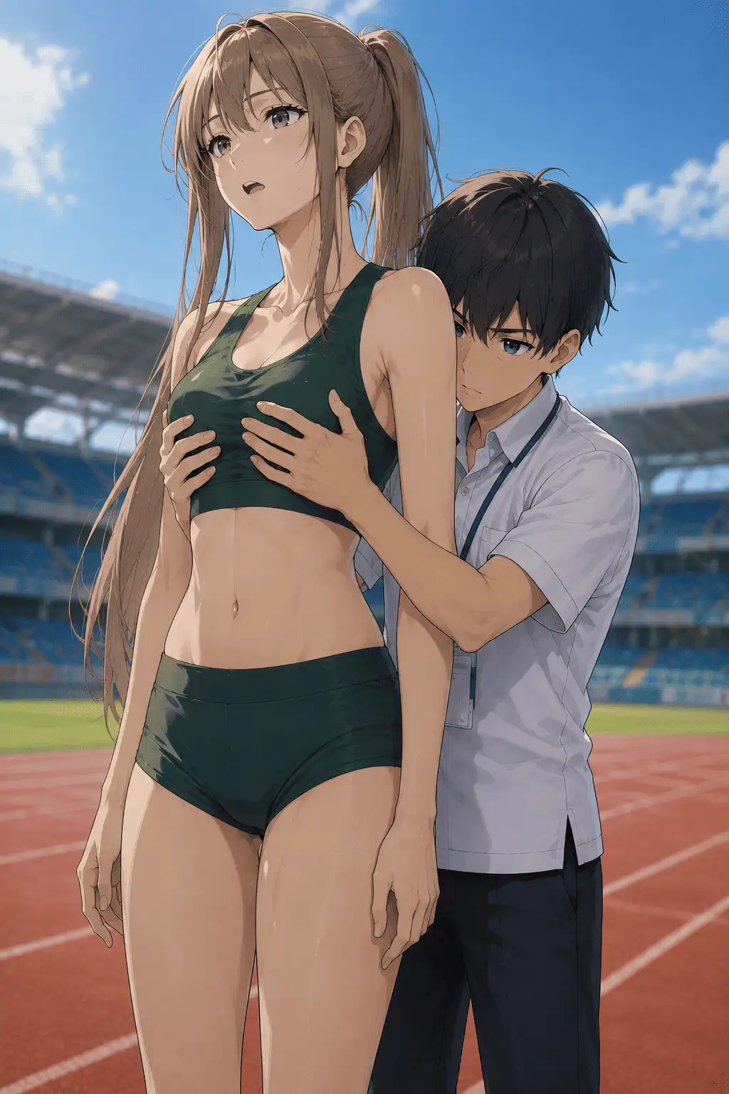 【CG】高身長女子陸上部員のおっぱいを支える低身長男子たち！ サンプル画像 2