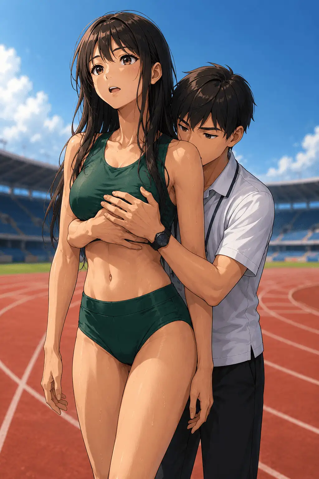 【CG】高身長女子陸上部員のおっぱいを支える低身長男子たち！ サンプル画像 3