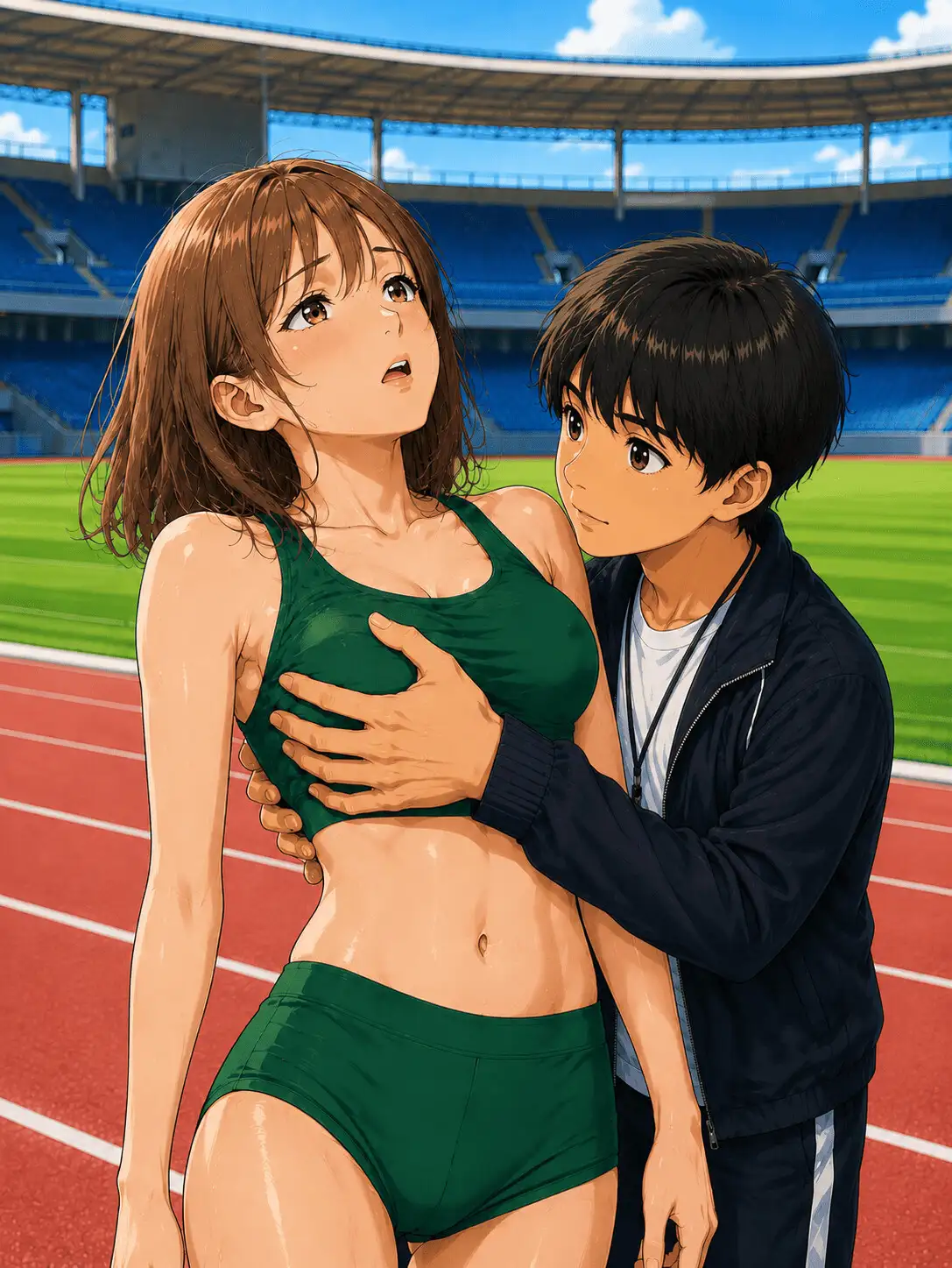 【CG】高身長女子陸上部員のおっぱいを支える低身長男子たち！ サンプル画像 4