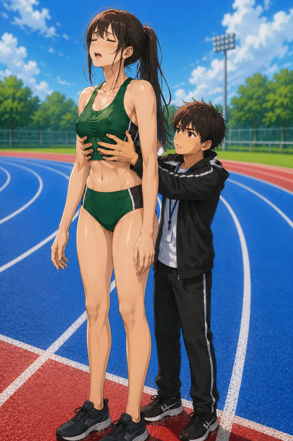 【CG】高身長女子陸上部員のおっぱいを支える低身長男子たち！ サンプル画像 5