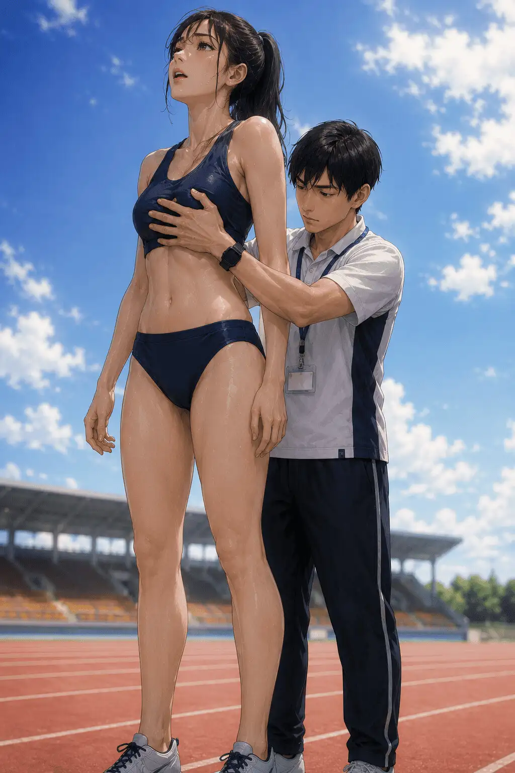 【CG】高身長女子陸上部員のおっぱいを支える低身長男子たち！ サンプル画像 9