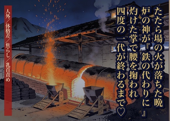 たたら場の火が落ちた晩に炉の神が現れて『鉄の代わりに孕め』と灼けた掌で腰を掬い上げ、四度の一代が終わるまで炉の熱ごと注ぎ足されて孕んだ話・一話〜