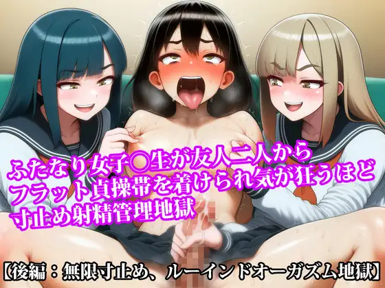 『ふたなり女子〇生が友人二人からフラット貞操帯を着けられ気が狂うほど寸止め射精管理地獄』【後編:無限寸止め、ルーインドオーガズム地獄】 ジャケット画像