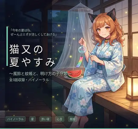 【バイノーラル】猫又の夏やすみ ～甘えん坊な猫耳妹ミオと過ごす、夏の夜のまどろみ添い寝～ 全3話 ジャケット画像