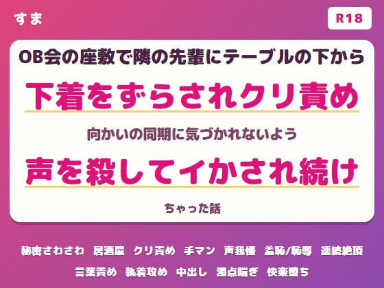 サークルOB会の座敷で隣に座った年上の先輩にテーブルの下から下着をずらされ向かいの同期に気づかれないよう声を殺してクリ責めでイかされ続けちゃった話