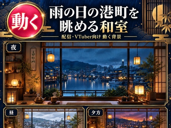 【動く配信背景】雨の日の港町を眺める和室 夜・昼・夕方(30秒ループ・1920×1080)